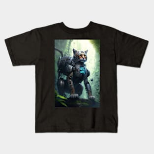 Cyborg cat in the jungle Kids T-Shirt